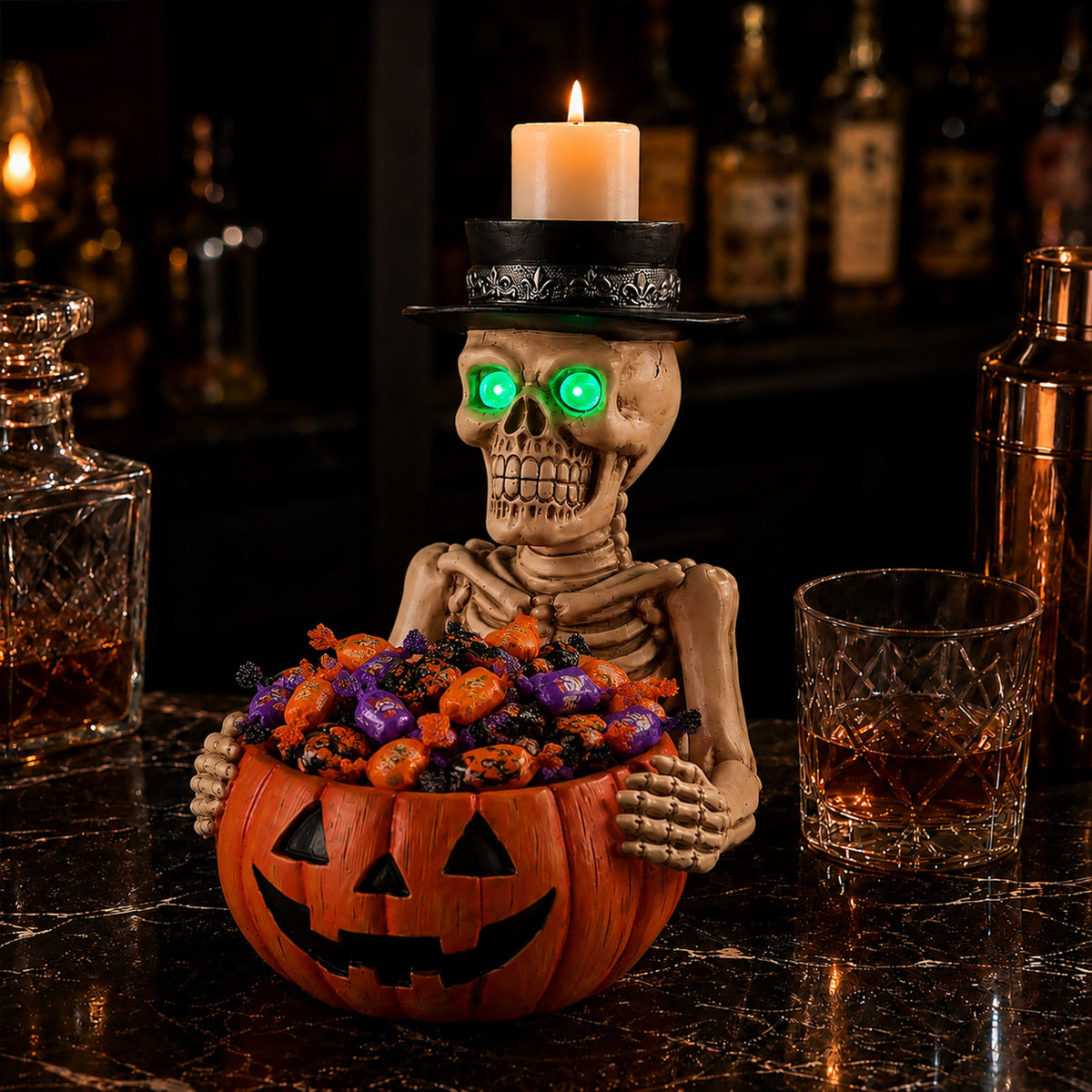 Skeleton Pumpkin Candy Bowl & Candle Holder